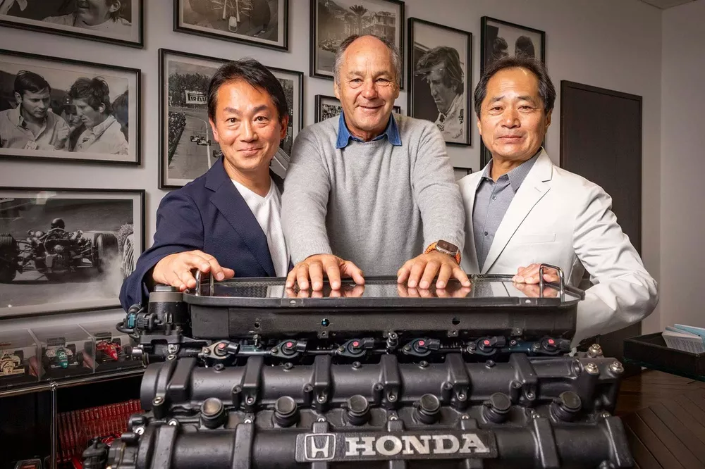 Gerhard Berger, Koji Watanabe / HRC President, Toyoharu Tanabe / HRC Chief Engineer