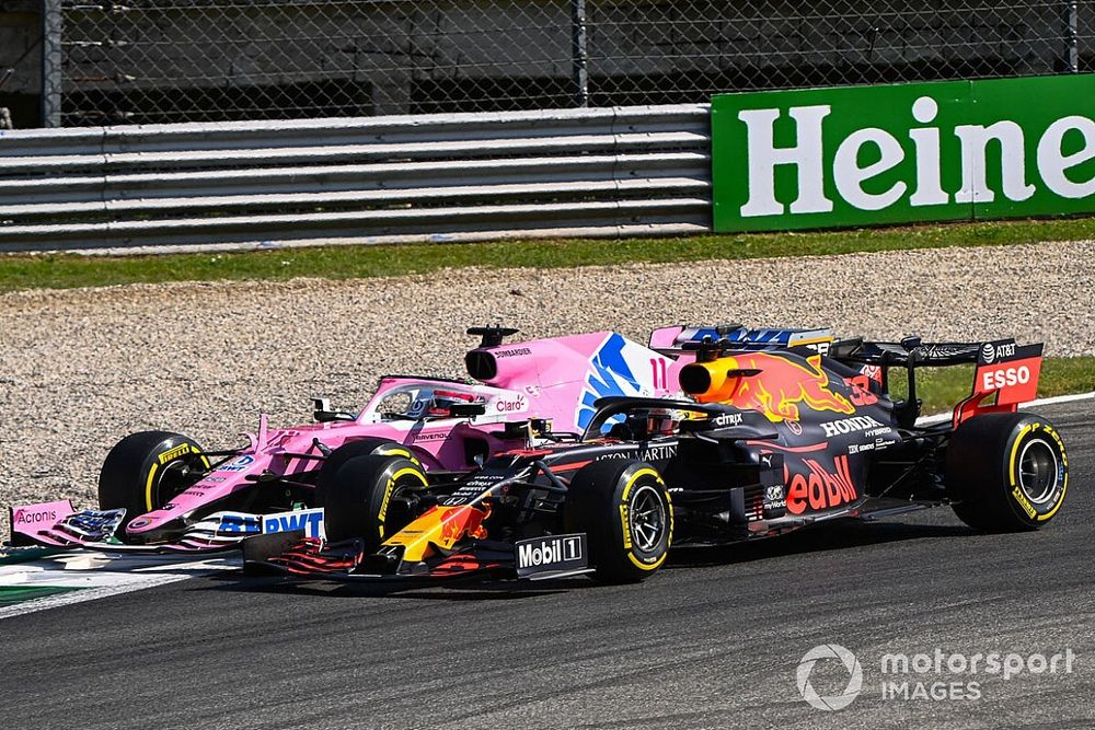 Sergio Perez, Racing Point RP20, heads into the gravel after battling with Max Verstappen, Red Bull Racing RB16