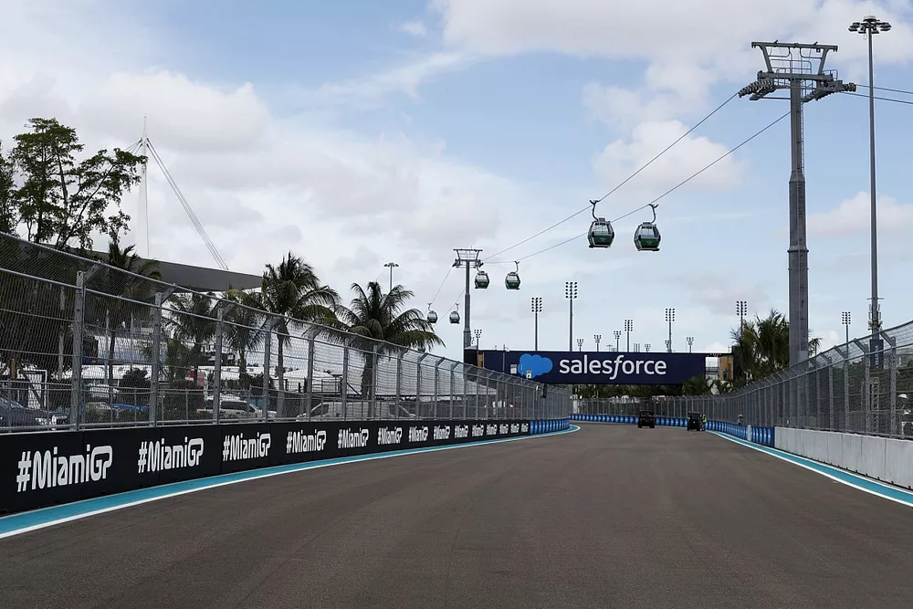 A view of the track with cable cars above