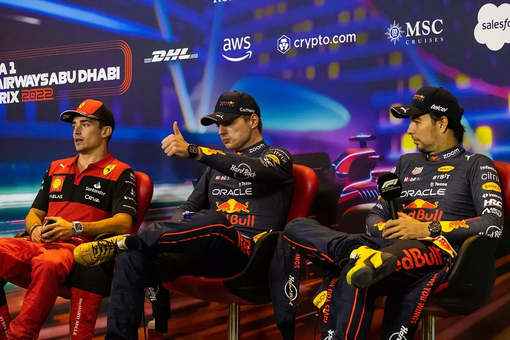 Winner Max Verstappen, Red Bull Racing, in the drivers' press conference along with Charles Leclerc, Ferrari, Sergio Perez, Red Bull Racing