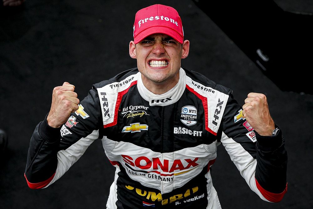 Rinus VeeKay, Ed Carpenter Racing Chevrolet celebrates winning the GMR Grand Prix