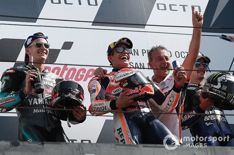 Podium: race winner Marc Marquez, Repsol Honda Team, second place Fabio Quartararo, Petronas Yamaha SRT, third place Maverick Vinales, Yamaha Factory Racing
