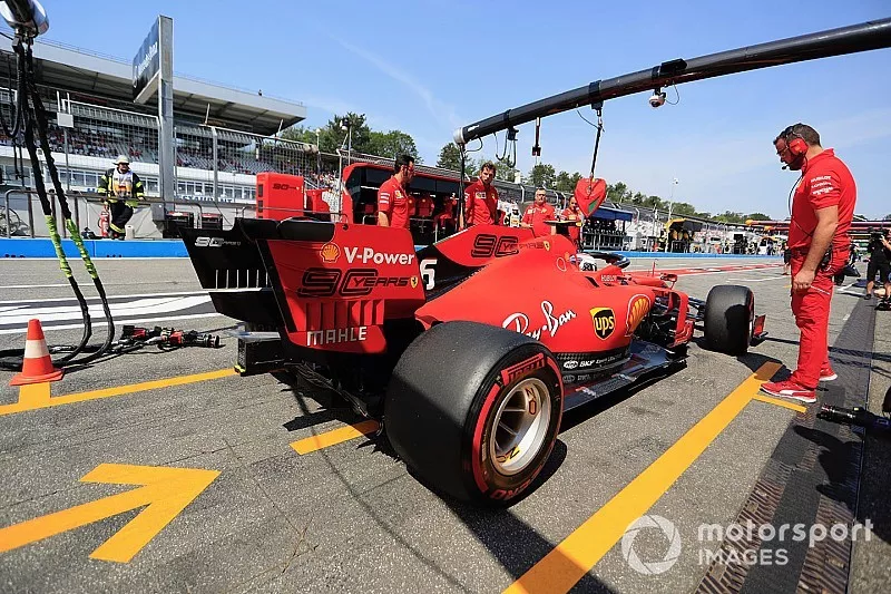 Charles Leclerc, Ferrari SF90, in the pit lane