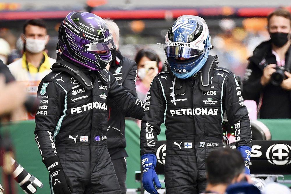 Front row starters, pole man Lewis Hamilton, Mercedes, and Valtteri Bottas, Mercedes, in Parc Ferme after Qualifying