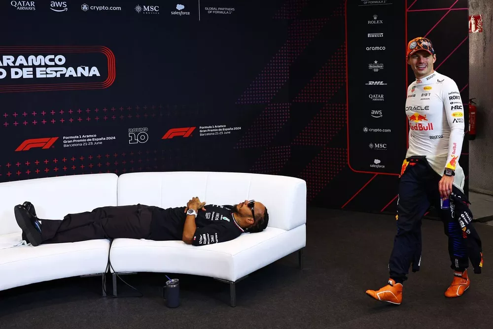 Lewis Hamilton, Mercedes AMG, Max Verstappen, Red Bull Racing tijdens de persconferentie