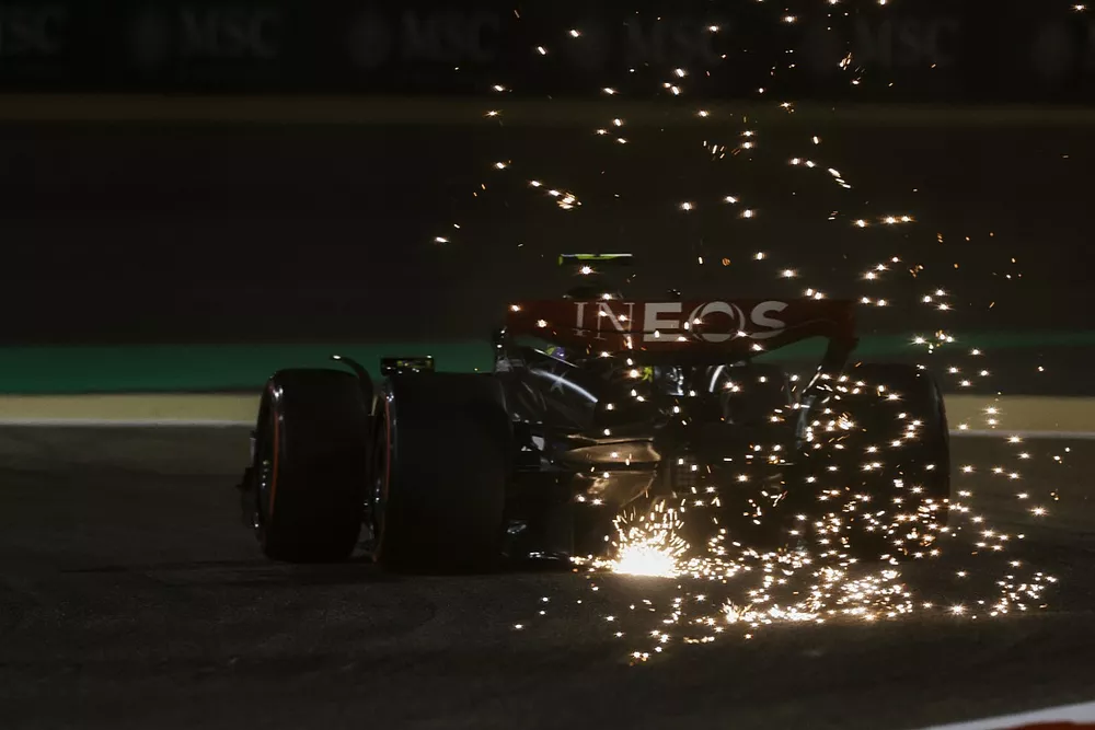 Lewis Hamilton, Mercedes F1 W14, kicks up sparks