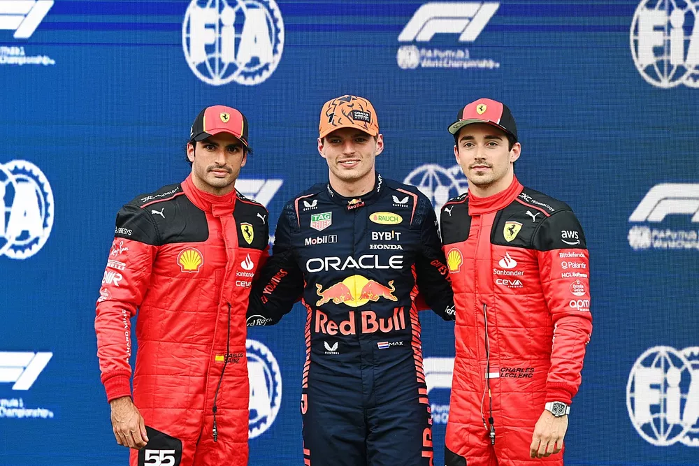 Top three Qualifiers Carlos Sainz, Scuderia Ferrari, pole man Max Verstappen, Red Bull Racing, Charles Leclerc, Scuderia Ferrari