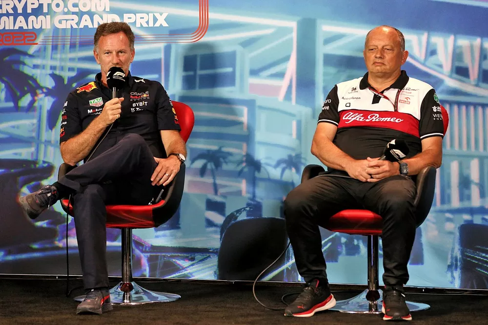 Christian Horner, Team Principal, Red Bull Racing, Frederic Vasseur, Team Principal, Alfa Romeo Racing, in the team principals Press Conference