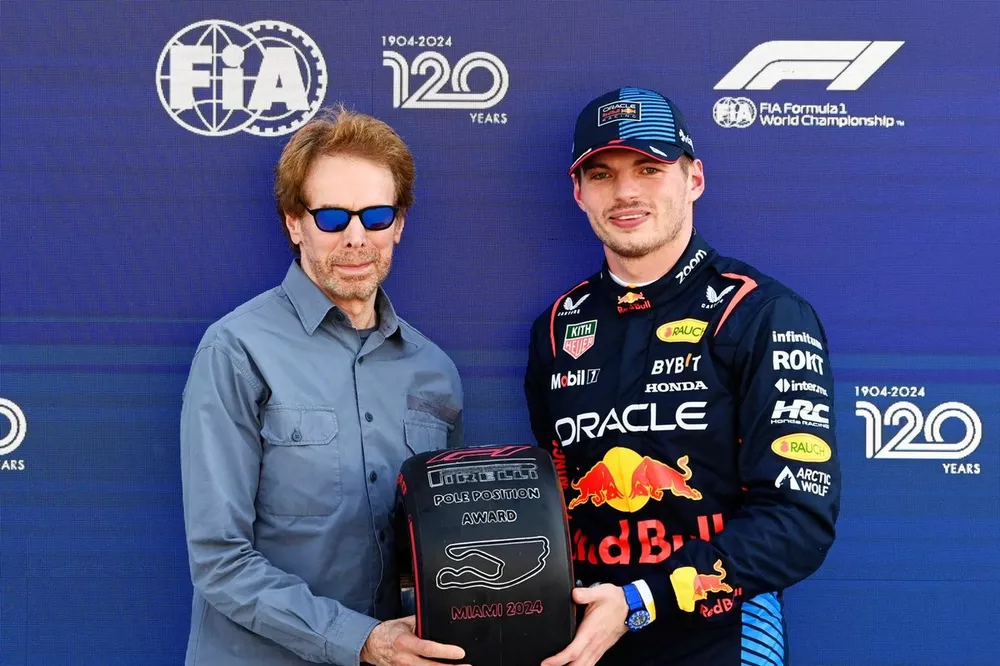 Pole man Max Verstappen, Red Bull Racing, receives his Pirelli Pole Position Award from Producer Jerry Bruckheimer