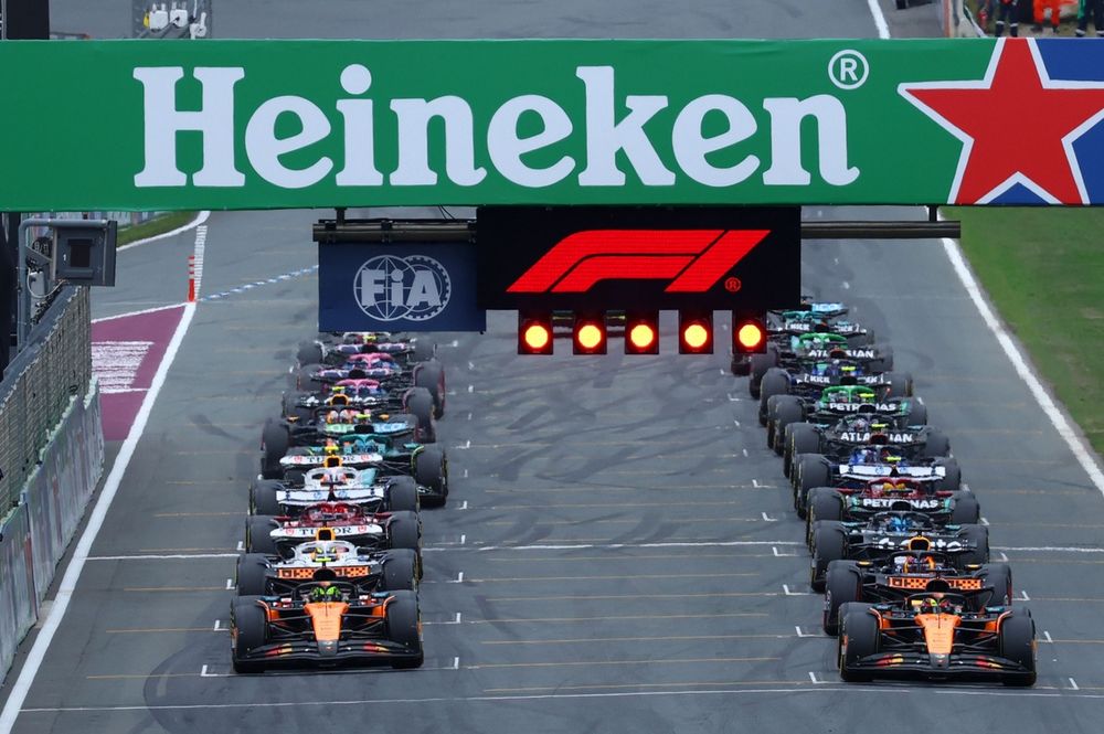 Cars line up on the grid for the race start.