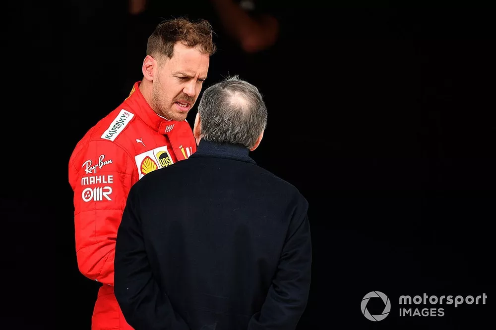 Sebastian Vettel, Ferrari, talks to Jean Todt, President, FIA