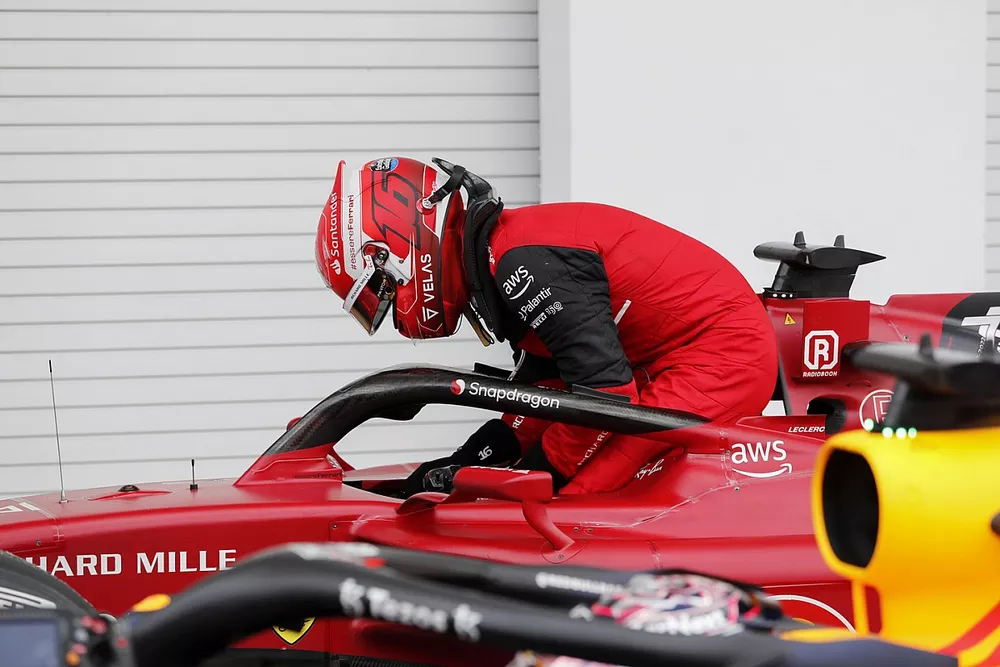 Charles Leclerc, Ferrari, 2nd position, arrives in Parc Ferme
