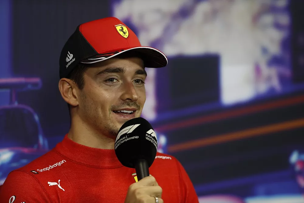 Pole man Charles Leclerc, Ferrari, in the post Qualifying Press Conference