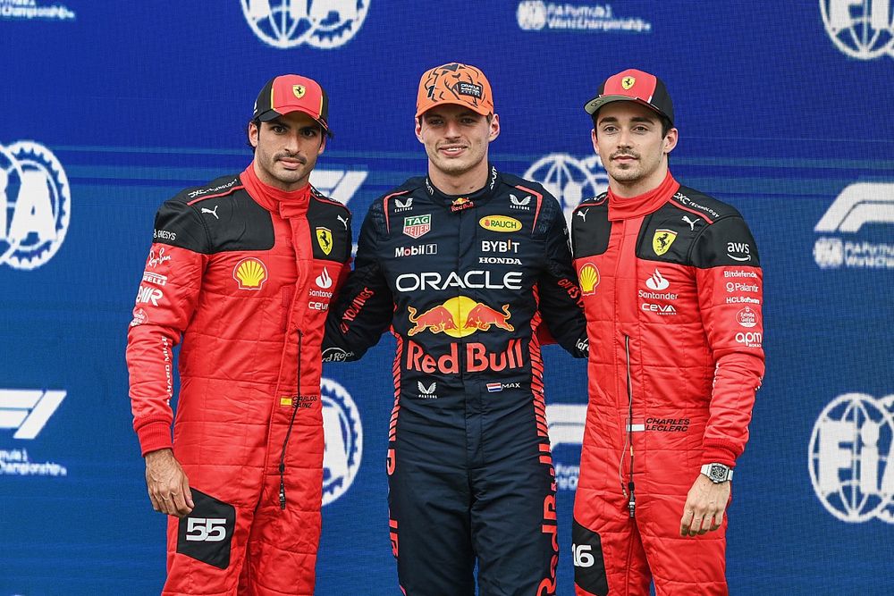 Top three qualifiers Carlos Sainz, Scuderia Ferrari, pole man Max Verstappen, Red Bull Racing, Charles Leclerc, Scuderia Ferrari