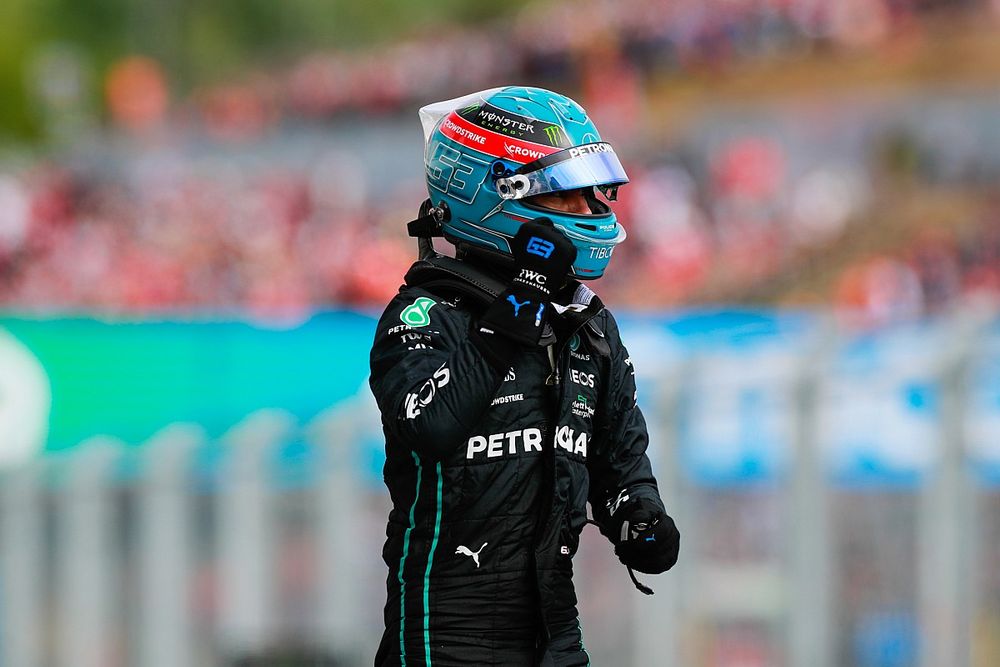 George Russell, Mercedes-AMG, celebrates pole position