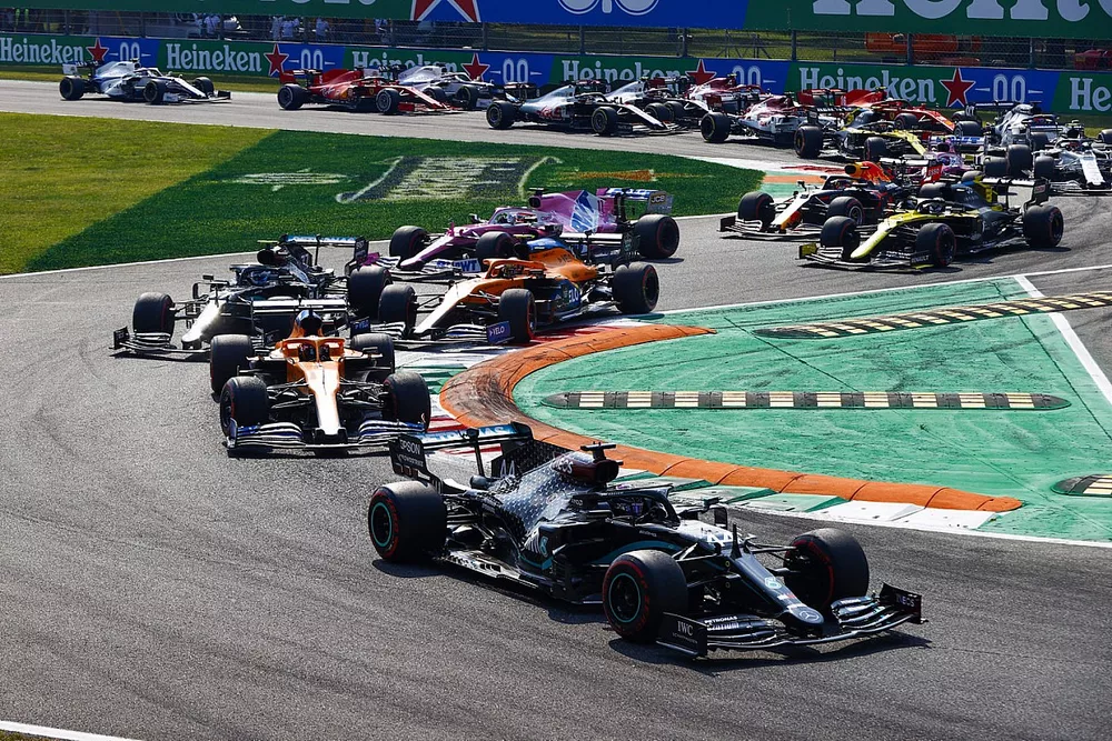 Lewis Hamilton, Mercedes F1 W11 Carlos Sainz Jr., McLaren MCL35 Valtteri Bottas, Mercedes F1 W11 and Lando Norris, McLaren MCL35 