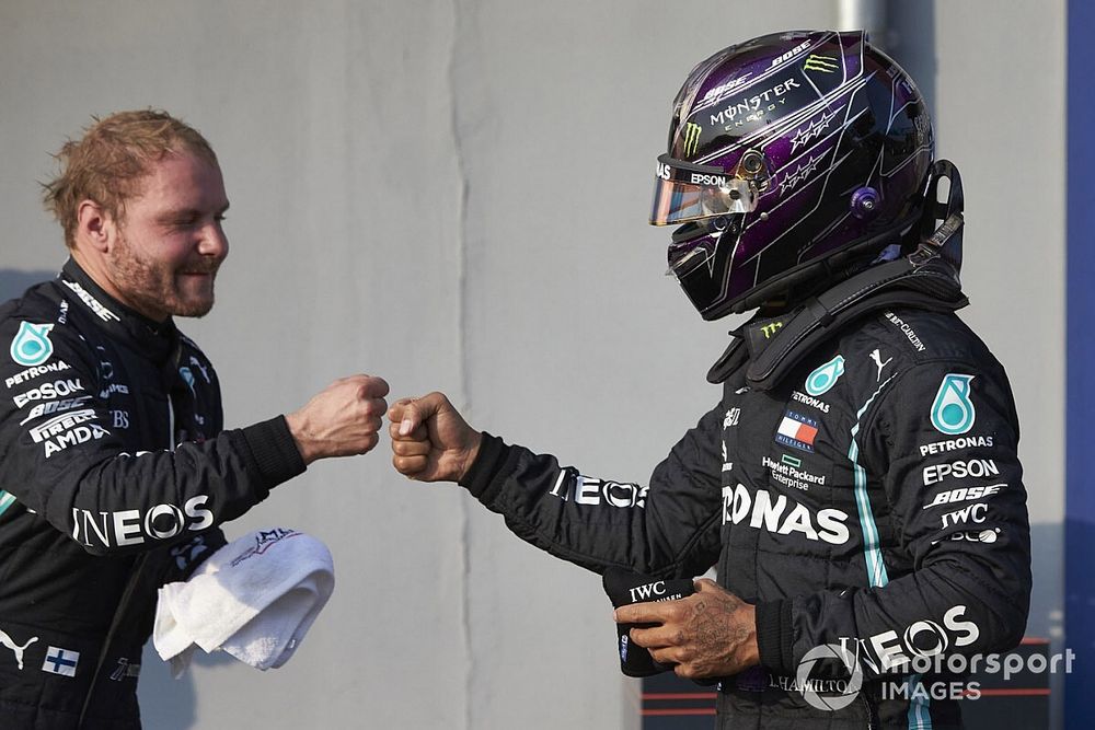 Lewis Hamilton, Mercedes-AMG F1, congratulates pole man Valtteri Bottas, Mercedes-AMG F1, in Parc Ferme