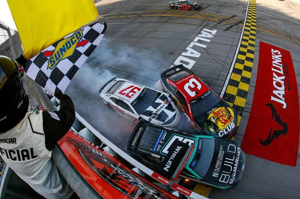 Ryan Preece, Shane van Gisbergen, and Austin Dillon crash across the finish line