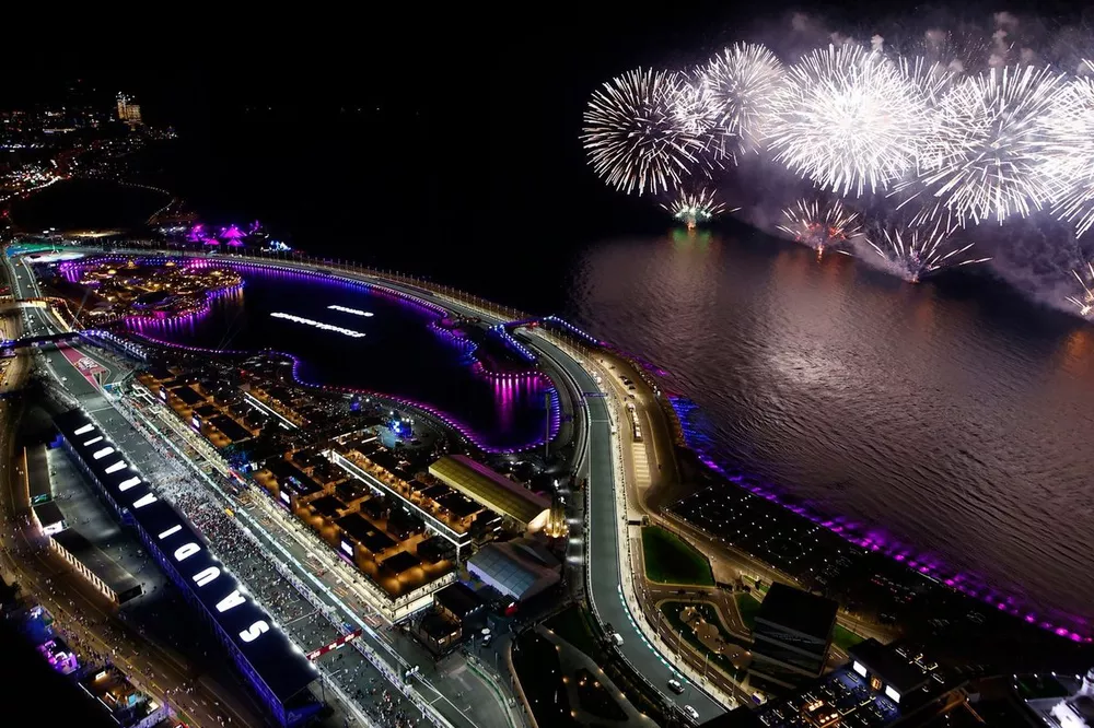 Fireworks light the sky at the end of the race