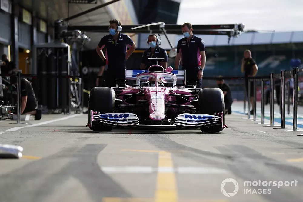 The Racing Point team practice a pit stop with the Nico Hulkenberg Racing Point RP20 