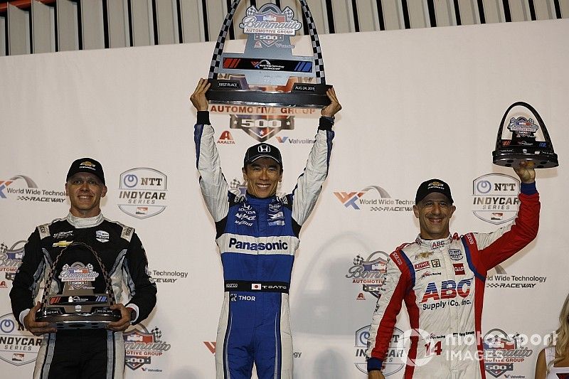 Race Winners Takuma Sato, Ed Carpenter, Tony Kanaan