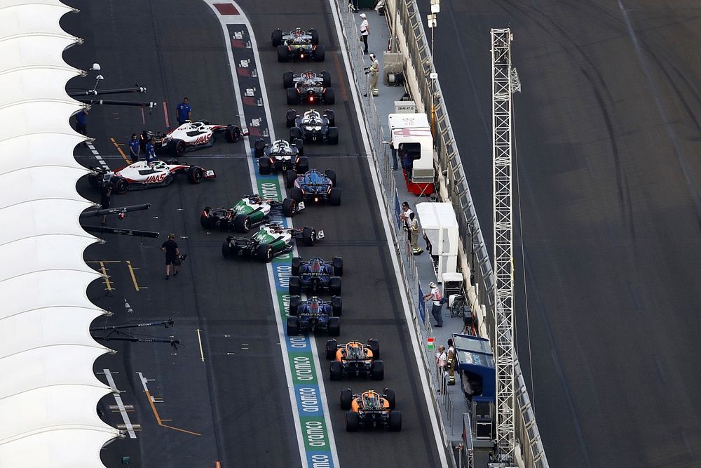 The queue to leave the pits