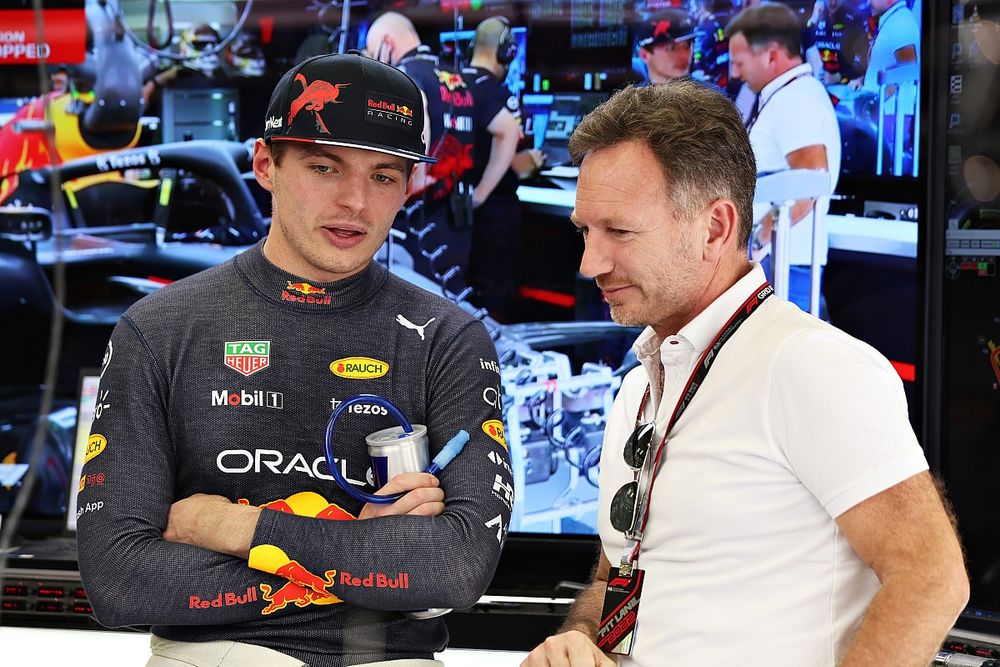 Max Verstappen of Red Bull Racing talks with Red Bull Racing Team Principal Christian Horner