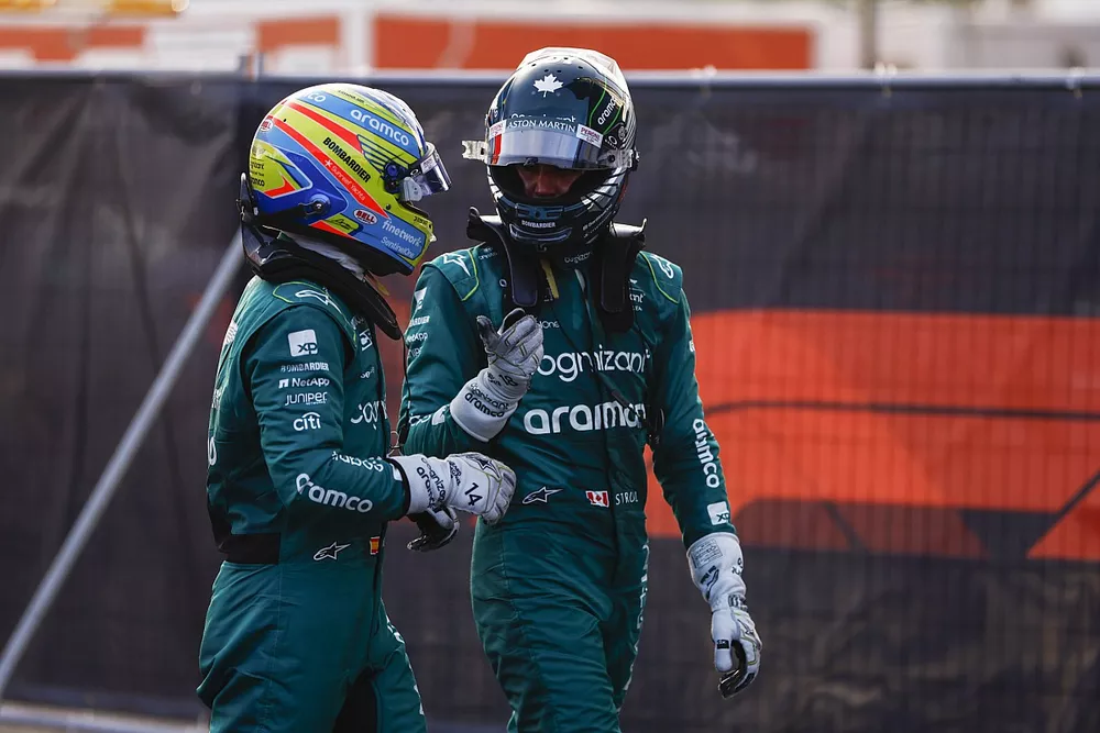 Fernando Alonso, Aston Martin F1 Team, Lance Stroll, Aston Martin F1 Team, en Parc Ferme tras la clasificaci&oacute;n