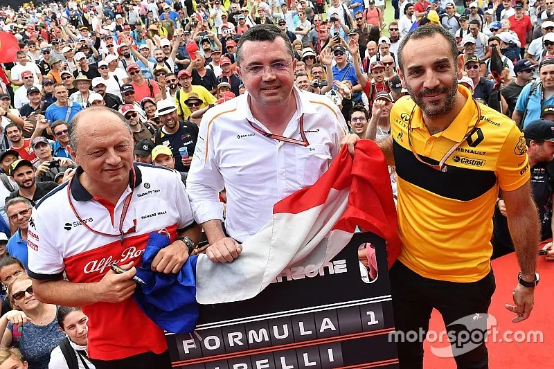 Fr&eacute;d&eacute;ric Vasseur, team principal Sauber, &Eacute;ric Boullier, directeur de la comp&eacute;tition de McLaren et Cyril Abiteboul, directeur g&eacute;n&eacute;ral de Renault Sport Racing