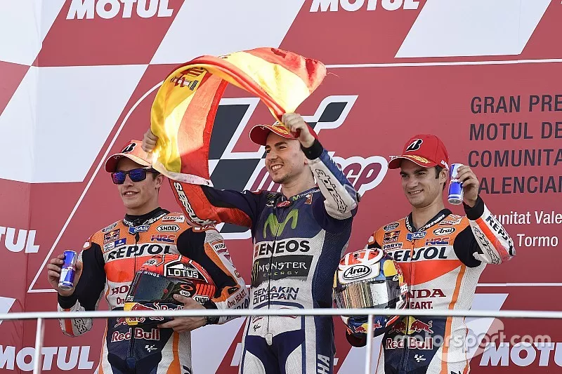 Podium: second place Marc Marquez, Repsol Honda Team and Winner and 2015 World Champion Jorge Lorenz