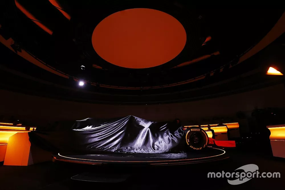 The McLaren MCL32 awaits its launch under covers