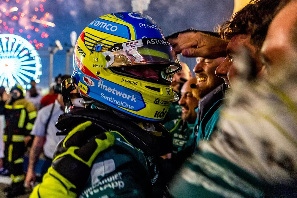 Fernando Alonso, Aston Martin F1 Team, 3rd position, celebrates in Parc Ferme