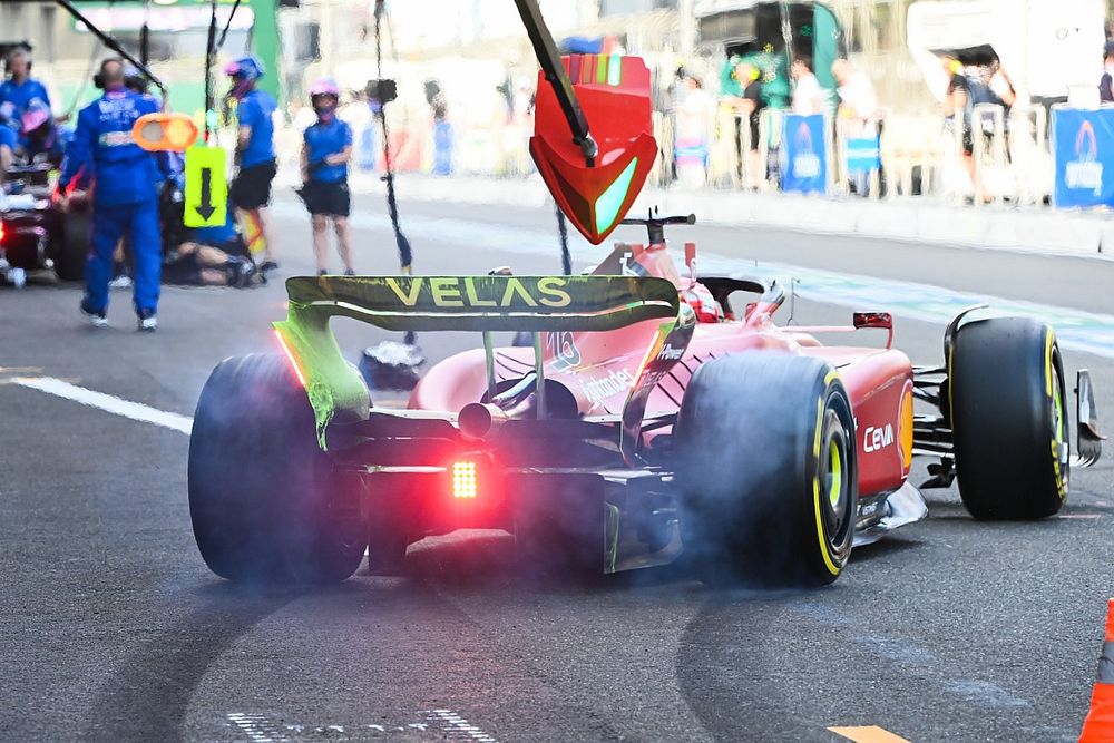 Aero paint on the rear of Charles Leclerc, Ferrari F1-75 in the pit lane