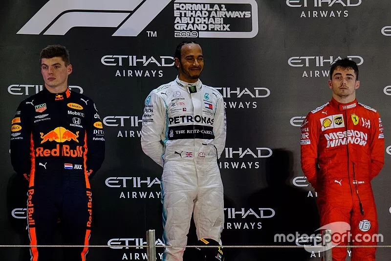 Podium: Max Verstappen, Red Bull Racing, Lewis Hamilton, Mercedes AMG F1, Charles Leclerc, Ferrari