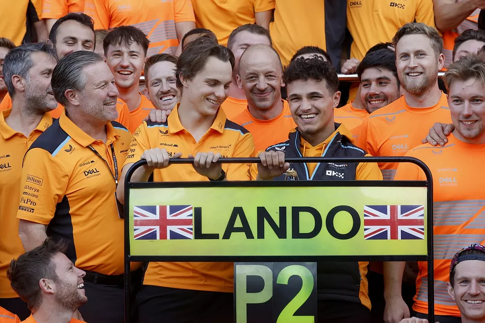 Zak Brown, CEO, McLaren Racing, Oscar Piastri, McLaren, Lando Norris, McLaren, 2nd position, the McLaren team celebrate after the race