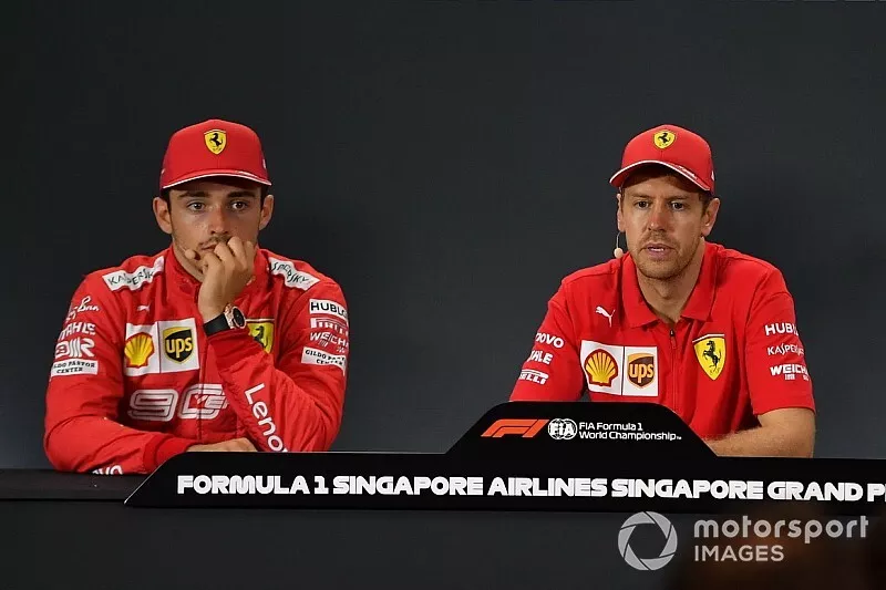 Charles Leclerc, Ferrari, 2nd position, Sebastian Vettel, Ferrari, 1st position, and Max Verstappen, Red Bull Racing, 3rd position, in the Press Conference