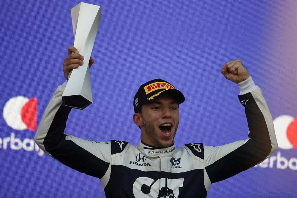 Pierre Gasly, AlphaTauri, 3rd position, lifts his trophy on the podium