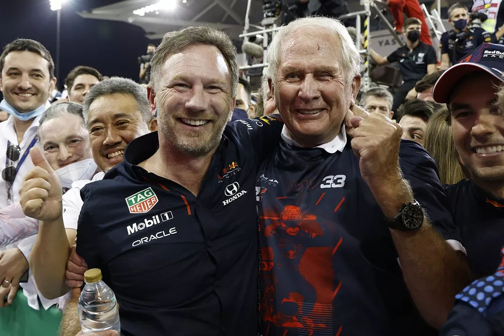 Christian Horner, Team Principal, Red Bull Racing, Helmut Marko, Consultant, Red Bull Racing, celebrate with their team in Parc Ferme