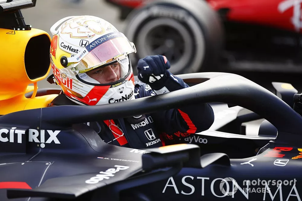 Max Verstappen, Red Bull Racing, exits his car in parc ferme