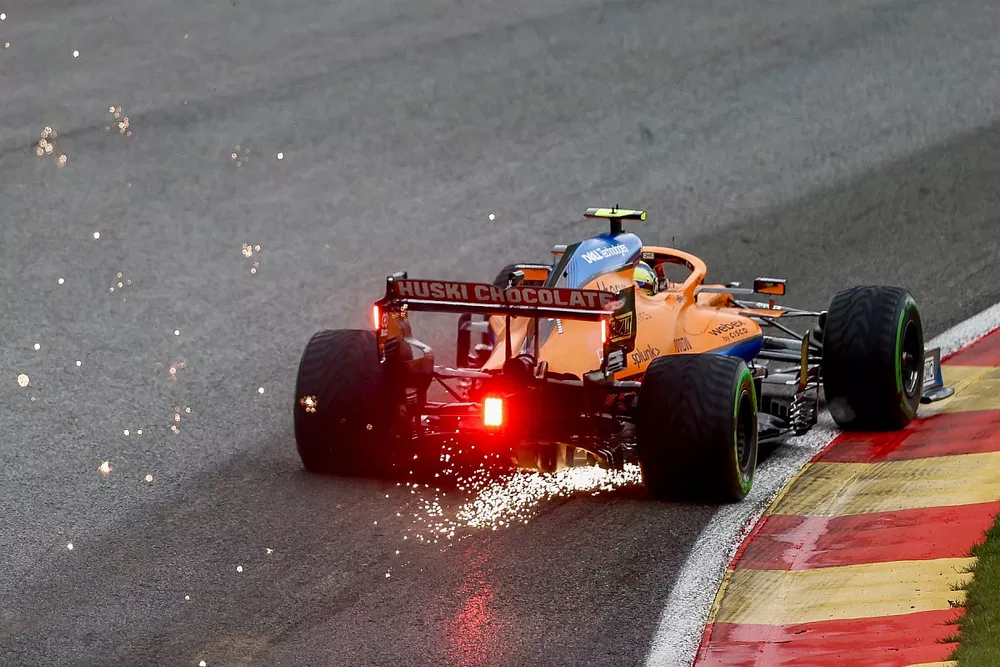 Sparks fly from Lando Norris, McLaren MCL35M