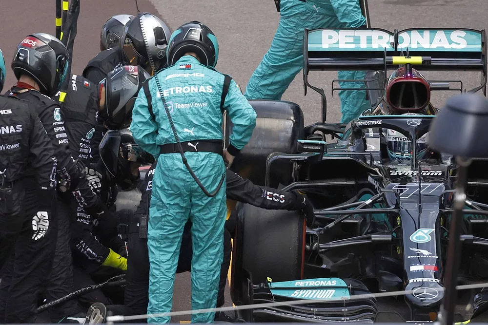 Valtteri Bottas, Mercedes W12, in the pits with technical trouble that would lead to retirement from the race