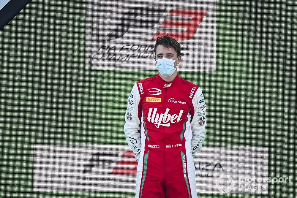 Race Winner Frederik Vesti, Prema Racing celebrates on the podium 