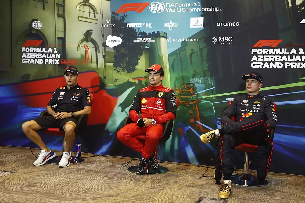 Sergio Perez, Red Bull Racing, pole man Charles Leclerc, Ferrari, Max Verstappen, Red Bull Racing, in the Press Conference