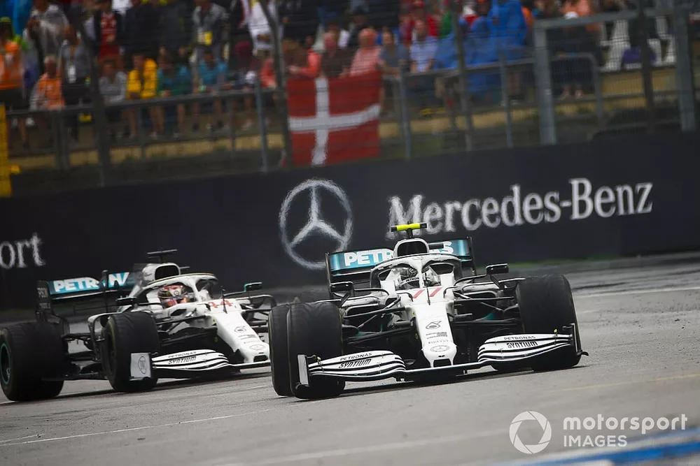 Valtteri Bottas, Mercedes AMG W10, leads Lewis Hamilton, Mercedes AMG F1 W10