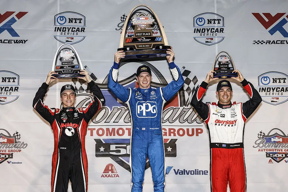 Race winner Josef Newgarden, Team Penske Chevrolet, second place David Malukas, Dale Coyne Racing with HMD Honda, third place Scott McLaughlin, Team Penske Chevrolet
