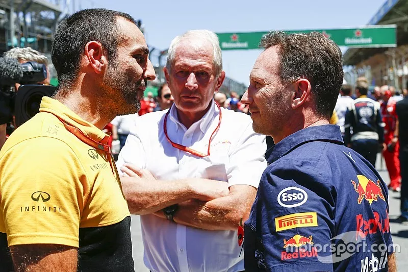 Cyril Abiteboul, directeur g&eacute;n&eacute;ral Renault Sport F1 Team, Helmut Marko, Consultant, Red Bull Racing, Christian Horner, Team Principal, Red Bull Racing