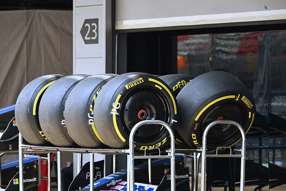 Pirelli tyres and wheels outside of the Alpine garage