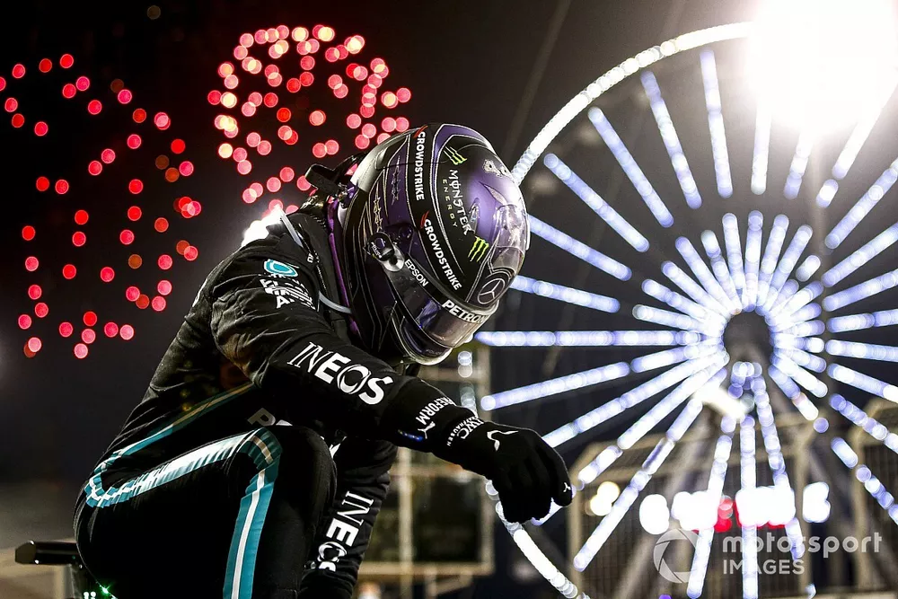 Lewis Hamilton, Mercedes, 1st position, celebrates on arrival in Parc Ferme