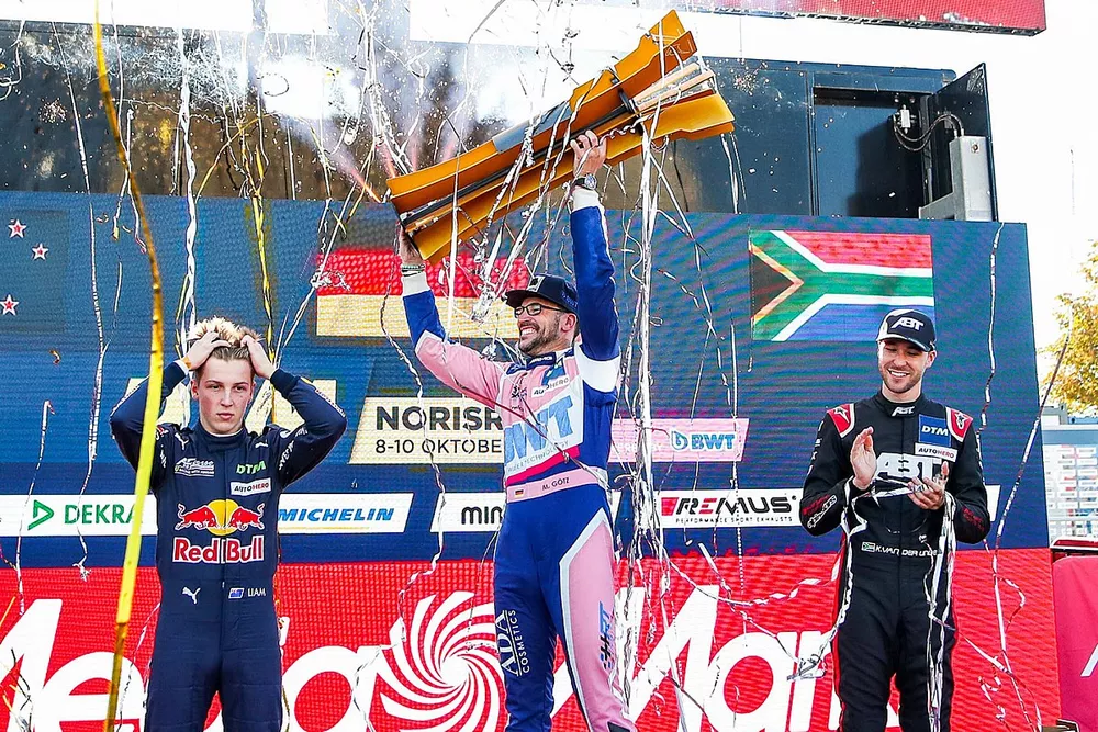 Champion podium: Champion Maximilian Götz, Haupt Racing Team, second place Liam Lawson, AF Corse, third place Kelvin van der Linde, Abt Sportsline