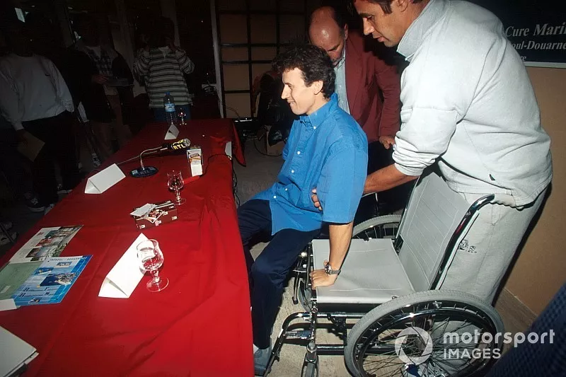 Olivier Panis, gives a press conference from the Cure Marine sports injury rehabilitation hospital to explain how he plans to recover from the broken legs he sustained in the high-speed crash he suffered in the Canadian GP